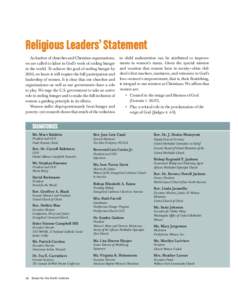 Religious Leaders’ Statement As leaders of churches and Christian organizations, we are called to labor in God’s work of ending hunger in the world. To achieve the goal of ending hunger by 2030, we know it will requi