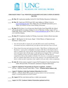 CHECKLIST FOR 1st Year WINSTON-SALEM DISTANCE EDUCATION STUDENTS Fall, 2014 _____ By May 19: Application deadline for the NC Child Welfare Education Collaborative _____ By May 23: Send your ONYEN and UNC email address to