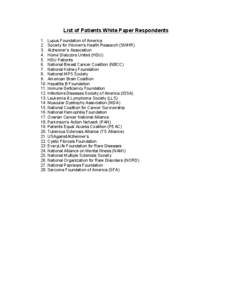 List of Patients White Paper Respondents 1. Lupus Foundation of America 2. Society for Women’s Health Research (SWHR) 3. Alzheimer’s Association 4. Home Dialyzors United (HDU) 5. HDU Patients