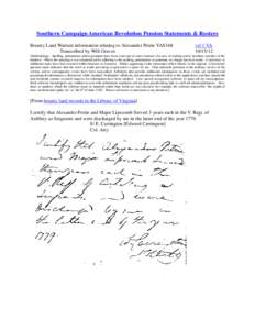 Southern Campaign American Revolution Pension Statements & Rosters Bounty Land Warrant information relating to Alexander Petrie VAS168 Transcribed by Will Graves vsl 1 VA[removed]