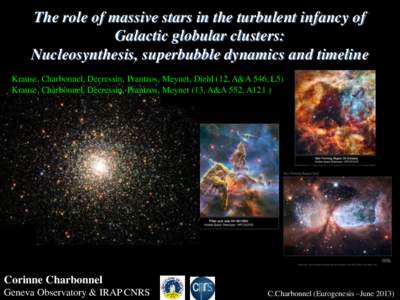 The role of massive stars in the turbulent infancy of Galactic globular clusters: Nucleosynthesis, superbubble dynamics and timeline Krause, Charbonnel, Decressin, Prantzos, Meynet, Diehl (12, A&A 546, L5) Krause, Charbo