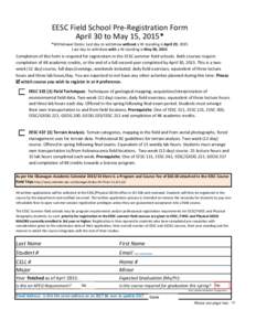 EESC Field School Pre-Registration Form April 30 to May 15, 2015* *Withdrawal Dates: Last day to withdraw without a W standing is April 29, 2015 Last day to withdraw with a W standing is May 06, 2015  Completion of this 