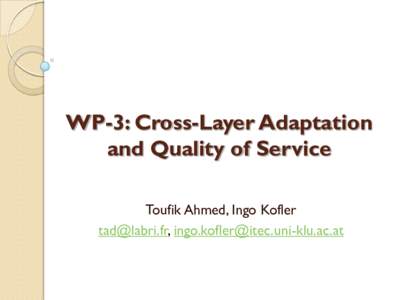 WP-3: Cross-Layer Adaptation and Quality of Service Toufik Ahmed, Ingo Kofler ,   Outline