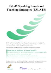 ESL/D Speaking Levels and Teaching Strategies (ESLATS) ESLATS has been prepared by Denise Angelo, Manager of Language Perspectives at the Far North Queensland Indigenous Schooling Support Unit (FNQ ISSU), Cairns. It brin