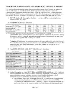 MEMORANDUM: Overview of the Final Rule for HCFC Allowances in[removed]EPA regulates the production and import of hydrochlorofluorocarbons (HCFCs) under the authority of Title VI of the Clean Air Act. This final rule, t