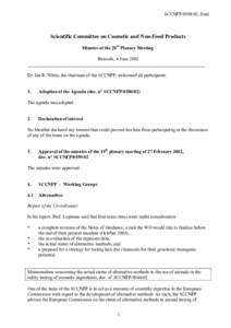 SCCNFP[removed], final  Scientific Committee on Cosmetic and Non-Food Products Minutes of the 20th Plenary Meeting Brussels, 4 June 2002 ____________________________________________________________________________