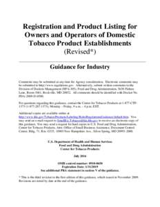 Registration and Product Listing for Owners and Operators of Domestic Tobacco Product Establishments