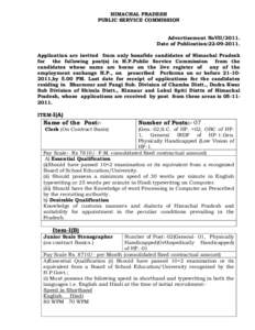 HIMACHAL PRADESH PUBLIC SERVICE COMMISSION Advertisement NoVII[removed]Date of Publication:[removed]Application are invited from only bonafide candidates of Himachal Pradesh for