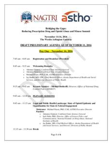 Bridging the Gaps: Reducing Prescription Drug and Opioid Abuse and Misuse Summit November 14-16, 2016 The Westin Arlington Gateway  DRAFT PRELIMINARY AGENDA AS OF OCTOBER 11, 2016