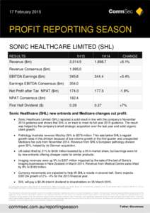 17 February[removed]PROFIT REPORTING SEASON SONIC HEALTHCARE LIMITED (SHL) RESULTS