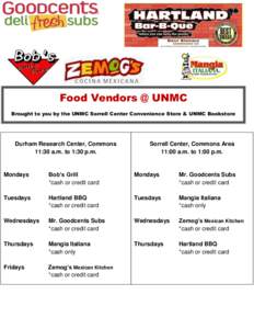 Food Vendors @ UNMC Brought to you by the UNMC Sorrell Center Convenience Store & UNMC Bookstore Durham Research Center, Commons 11:30 a.m. to 1:30 p.m.
