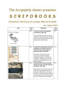The Scripophily Center presents:  S C R I P O B O O K S reference literature on antique shares & bonds list 3-March 2015 Cover