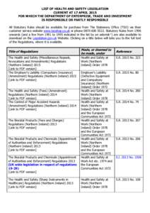 LIST OF HEALTH AND SAFETY LEGISLATION CURRENT AT 17 APRIL 2015 FOR WHICH THE DEPARTMENT OF ENTERPRISE, TRADE AND INVESTMENT IS RESPONSIBLE OR PARTLY RESPONSIBLE All Statutory Rules should be available for purchase from T