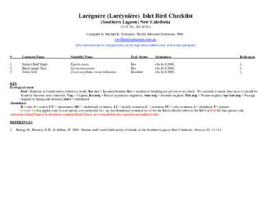 Larégnére (Laréyniére) Islet Bird Checklist (Southern Lagoon) New Caledonia38s11e Compiled by Michael K. Tarburton, Pacific Adventist University, PNG. [You are welcome to communicate, just re-type abov