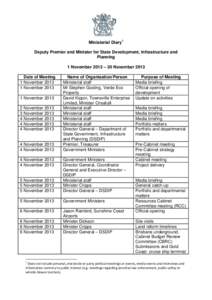 Ministerial Diary1 Deputy Premier and Minister for State Development, Infrastructure and Planning 1 November 2013 – 30 November 2013 Date of Meeting 1 November 2013
