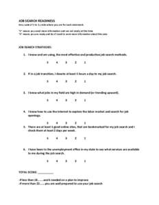 JOB SEARCH READINESS On a scale of 1 to 5, circle where you are for each statement. “1” means you need more information and are not ready at this time “5” means you are ready and don’t need to seek more informa