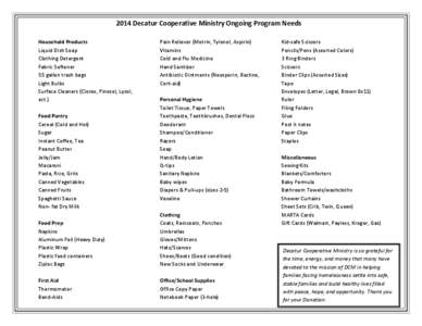 2014 Decatur Cooperative Ministry Ongoing Program Needs Household Products Liquid Dish Soap Clothing Detergent Fabric Softener 55 gallon trash bags