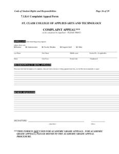 Code of Student Rights and Responsibilities  Page 26 of[removed]Complaint Appeal Form ST. CLAIR COLLEGE OF APPLIED ARTS AND TECHNOLOGY