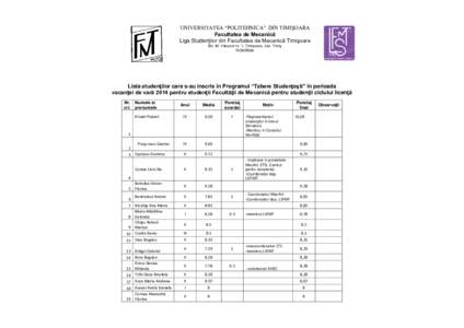 UNIVERSITATEA “POLITEHNICA” DIN TIMIŞOARA Facultatea de Mecanică Liga Studenţilor din Facultatea de Mecanică Timişoara Bd. M. Viteazul nr. 1, Timisoara, Jud. Timiş ROMÂNIA