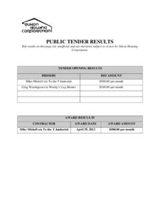 PUBLIC TENDER RESULTS Bid results on this page are unofficial and are therefore subject to review by Yukon Housing Corporation. TENDER OPENING RESULTS BIDDERS