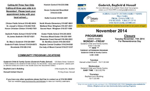 Huron Ontario Early Years Calendar of Activities: Goderich & Area, November, 2014.