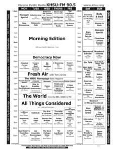 Diverse Public Radio KHSU-FM  KHSF 90.1 Ferndale-Fortuna • KHSG 89.9 Garberville • 99.7 Willow Creek THURS