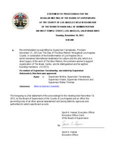 STATEMENT OF PROCEEDINGS FOR THE REGULAR MEETING OF THE BOARD OF SUPERVISORS OF THE COUNTY OF LOS ANGELES HELD IN ROOM 381B OF THE KENNETH HAHN HALL OF ADMINISTRATION 500 WEST TEMPLE STREET, LOS ANGELES, CALIFORNIA 90012