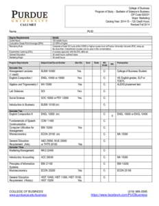 College of Business Program of Study – Bachelor of Science in Business CIP CodeMajor: Marketing Catalog Year:  – 120 Credit Hours Revised Fall 2014