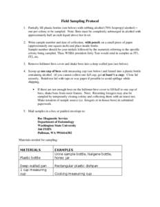 Field Sampling Protocol 1. Partially fill plastic bottles (see below) with rubbing alcohol (70% Isopropyl alcohol) – one per colony to be sampled. Note: Bees must be completely submerged in alcohol with