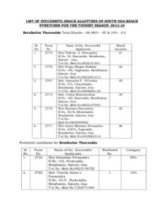 LIST OF SUCCESSFUL SHACK ALLOTTEES OF SOUTH GOA BEACH STRETCHES FOR THE TOURIST SEASONBetalbatim Thonvaddo Total Shacks – 06 (90% - 05 & 10% - 01) Sr. No.