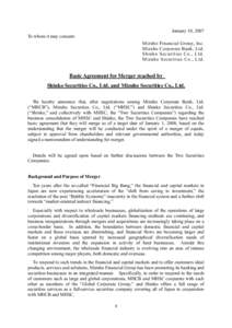 January 10, 2007 To whom it may concern: Mizuho Financial Group, Inc. Mizuho Corporate Bank, Ltd. Shinko Securities Co., Ltd. Mizuho Securities Co., Ltd.