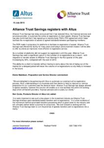 Alliance Trust Savings registers with Altus