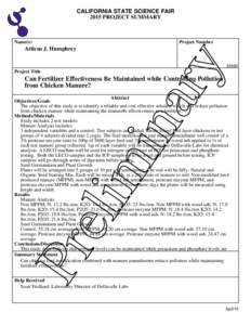 CALIFORNIA STATE SCIENCE FAIR 2015 PROJECT SUMMARY Name(s)  Project Number