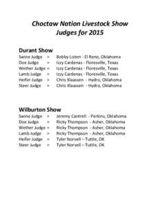 Choctaw	
  Nation	
  Livestock	
  Show	
   Judges	
  for	
  2015	
   	
    