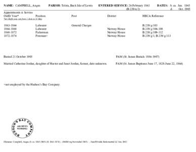 NAME:  CAMPBELL, Angus[removed]PARISH: Tolsta, Back Isle of Lewis[removed]ENTERED SERVICE: 26 February 1863