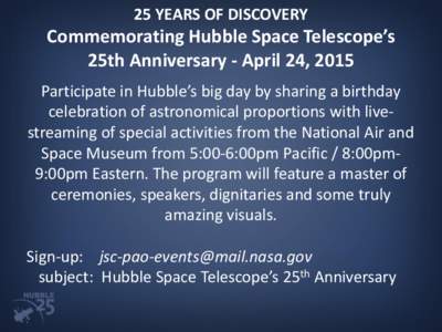 25 YEARS OF DISCOVERY  Commemorating Hubble Space Telescope’s 25th Anniversary - April 24, 2015 Participate in Hubble’s big day by sharing a birthday celebration of astronomical proportions with livestreaming of spec