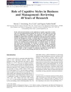 International Journal of Management Reviews, Vol. *, *–* (2011) DOI: j00315.x Role of Cognitive Styles in Business and Management: Reviewing 40 Years of Research