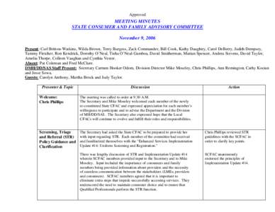 Approved  MEETING MINUTES STATE CONSUMER AND FAMILY ADVISORY COMMITTEE November 9, 2006 Present: Carl Britton-Watkins, Wilda Brown, Terry Burgess, Zack Commander, Bill Cook, Kathy Daughtry, Carol DeBerry, Judith Dempsey,