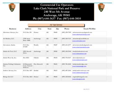 Commercial Use Operators Lake Clark National Park and Preserve 240 West 5th Avenue Anchorage, AK[removed]Ph: ([removed]Fax: ([removed]Air Taxi Service