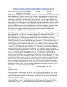 Southern Campaign American Revolution Pension Statements & Rosters Pension application of Samuel Lusk W8092 Elizabeth fn52NC Transcribed by Will Graves[removed]