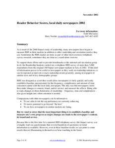 NovemberReader Behavior Scores, local daily newspapers 2002 For more information: Todd McCauley Mary Nesbitt, , 