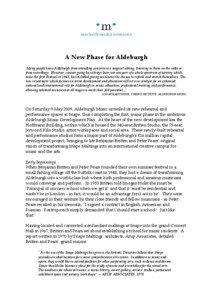 A New Phase for Aldeburgh ‘Many people know Aldeburgh from attending concerts in a magical setting, listening to them on the radio or from recordings. However, concert going has always been just one part of a whole spectrum of activity which,
