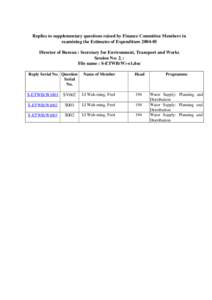 Replies to supplementary questions raised by Finance Committee Members in examining the Estimates of Expenditure[removed]Director of Bureau : Secretary for Environment, Transport and Works Session No: 2. : File name : S-