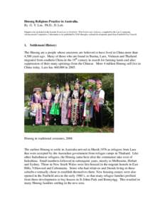 Hmong Religious Practice in Australia. By G. Y. Lee, Ph.D., D. Lett. Chapter to be included in the booklet From Laos to Fairfield: With Faiths and Cultures, compiled by the Lao Community
