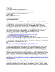 May 1, 2015 In This Issue: 1. VA Appropriations Passes with VFW Opposition 2. House Holds Hearing to Discuss Women Veterans’ Issues 3. Senate Committee Hearing on GAO and VAOIG Recommendations 4. House Armed Services C