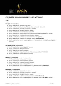 4TH AACTA AWARDS NOMINEES – BY NETWORK ABC THE CODE – 10 nominations  AACTA Award for Best Television Drama Series  AACTA Award For Best Direction in a Television Drama or Comedy – Episode 1  AACTA Award f