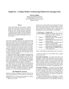 SimplyCity - A Simple Mobile Crowdsourcing Platform for Emerging Cities Naveen Nandan Research & Innovation, SAP Asia SAP Innovation Center Network #14-01, CREATE Tower, 1 Create Way Singapore