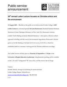 Public service announcement   34th annual Luther Lecture focuses on Christian ethics and the environment