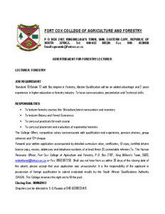 FORT COX COLLEGE OF AGRICULTURE AND FORESTRY P O BOX 2187, KINGWILLIAM’S TOWN, 5600, EASTERN CAPE, REPUBLIC OF SOUTH