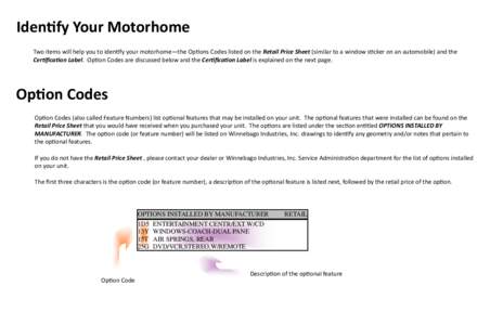 IdenƟfy Your Motorhome Two items will help you to idenƟfy your motorhome—the OpƟons Codes listed on the Retail Price Sheet (similar to a window sƟcker on an automobile) and the Cer fica on Label. OpƟon Codes ar